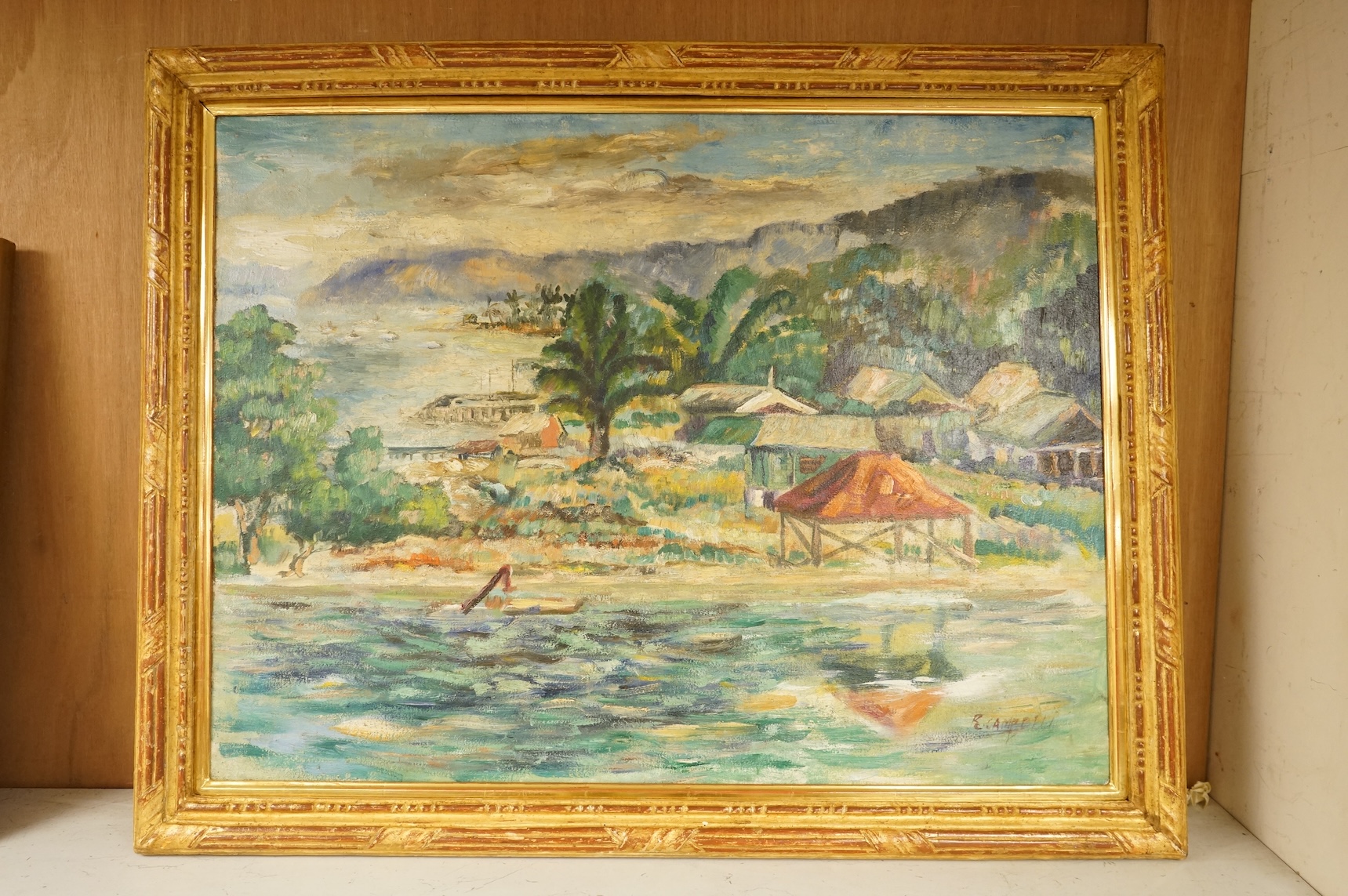 R. Campbell, Continental harbour view with huts, signed, oil on canvas, 51 x 68cm, gilt framed